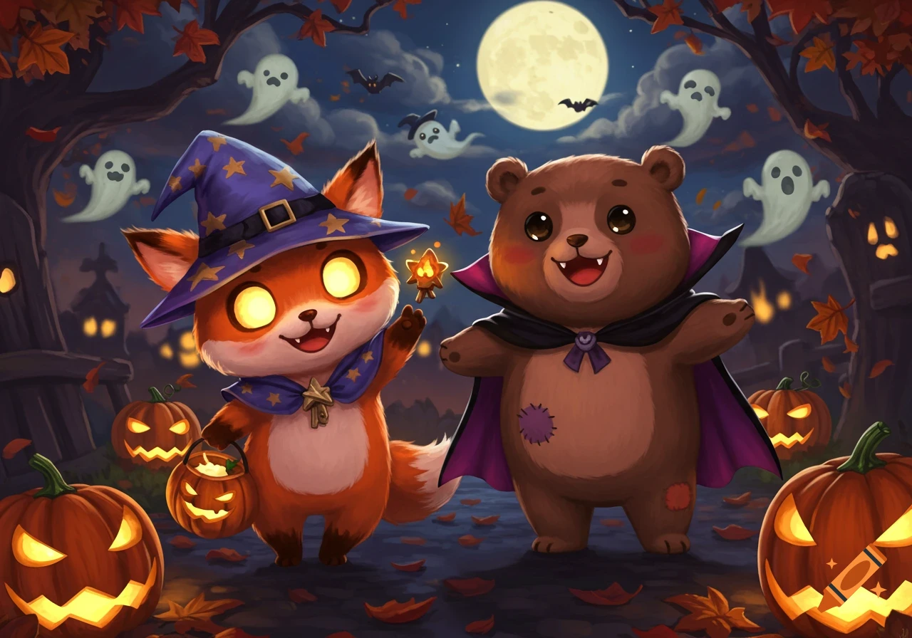 A cute fox in a witch hat and a bear in a vampire cape celebrate Halloween with jack-o'-lanterns and ghosts under a full moon.
