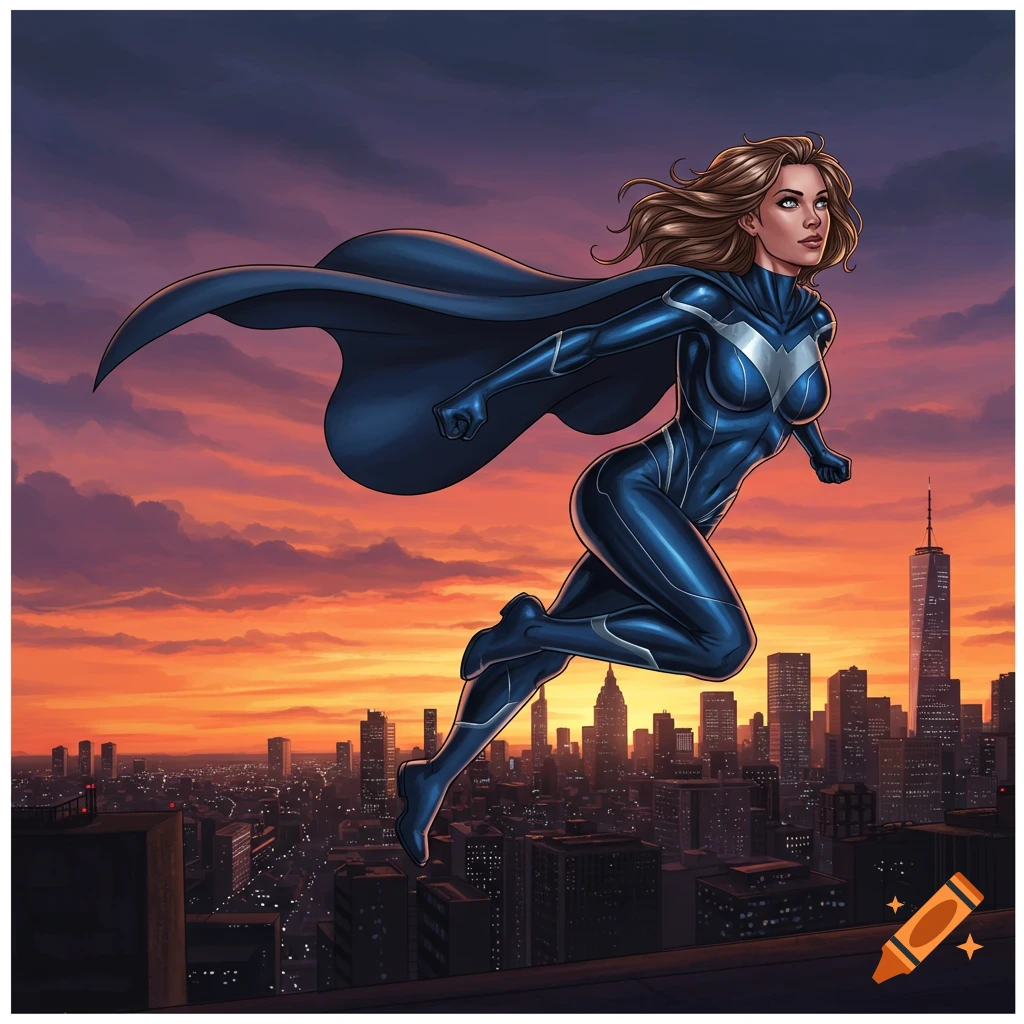 A brown-haired superheroine in a blue suit and cape flies over a city skyline at sunset in comic book style.