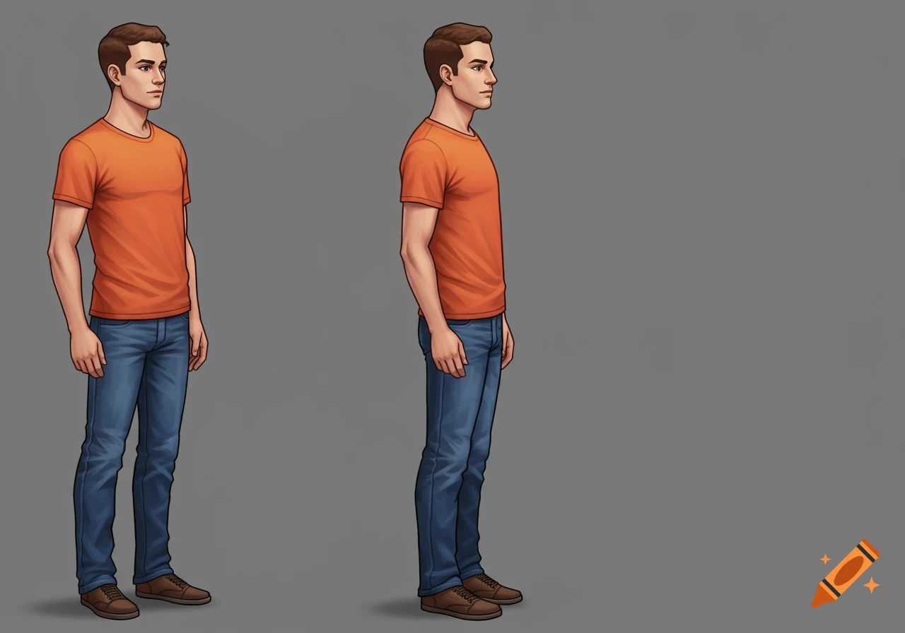Two instances of a 2D game character, a male in an orange t-shirt and blue jeans, standing against a gray background.