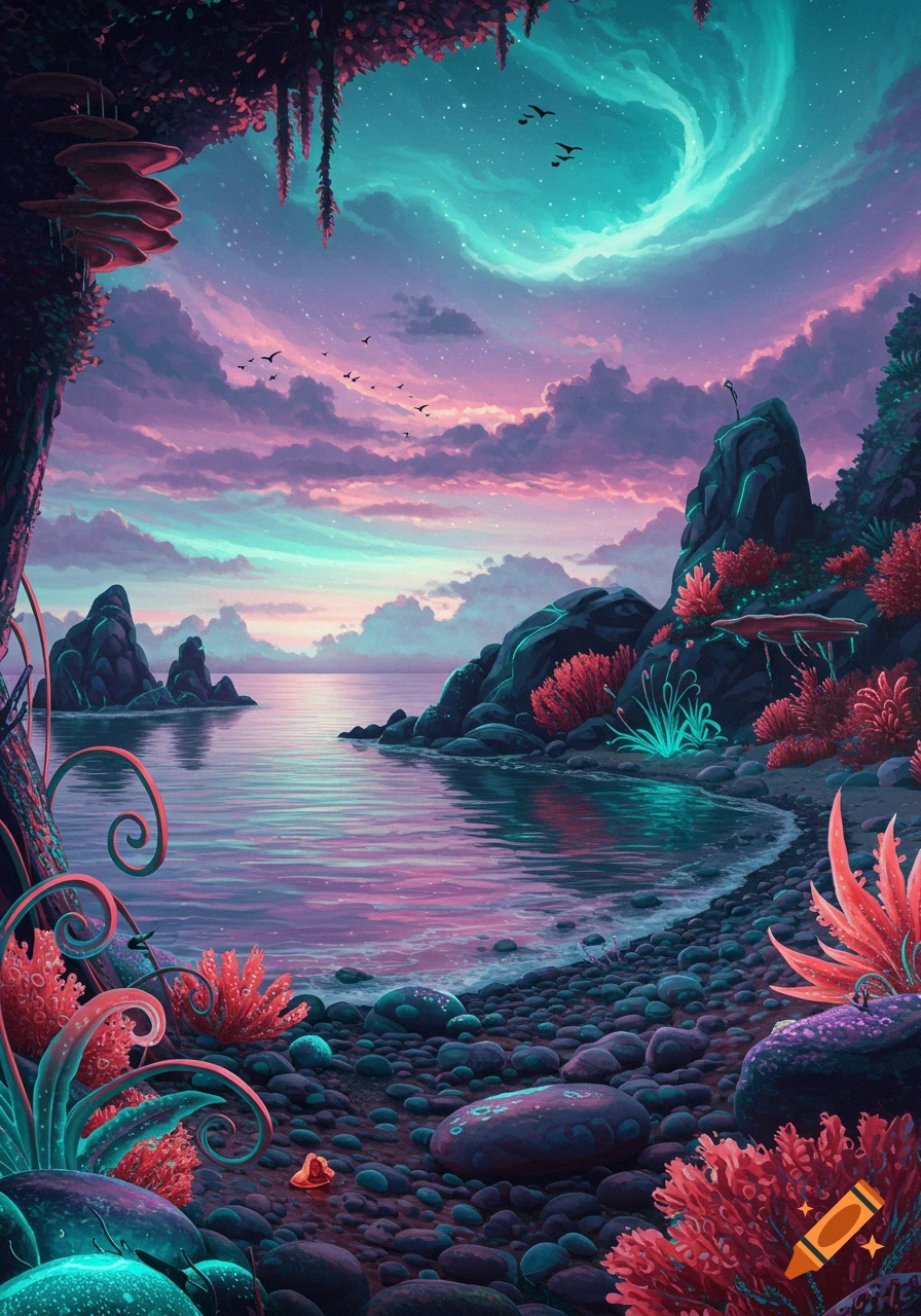 Vibrant, otherworldly island cove with glowing red and teal plants, a rocky beach, calm water, and a colorful aurora-like sky.