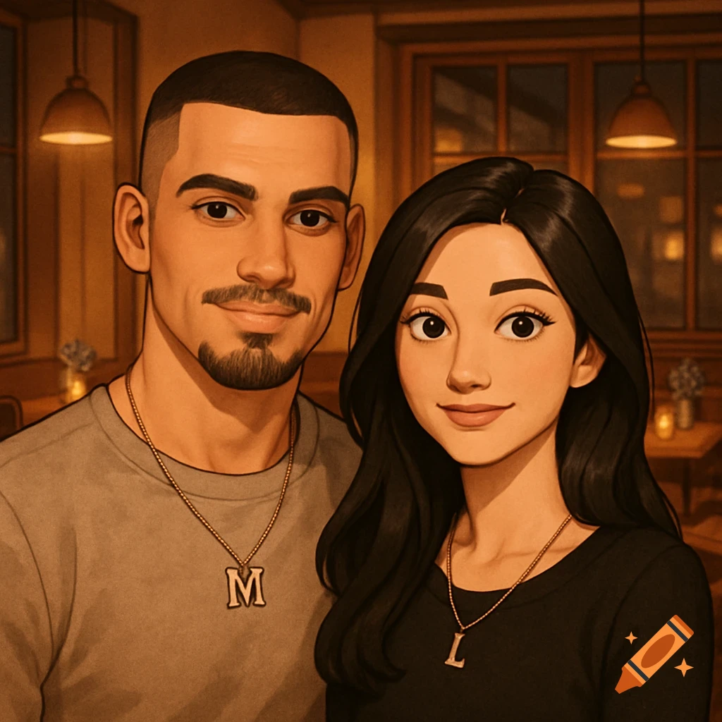 Anime-style portrait of a smiling couple: a man with an 'M' necklace and a woman with an 'L' necklace, in a warm restaurant.