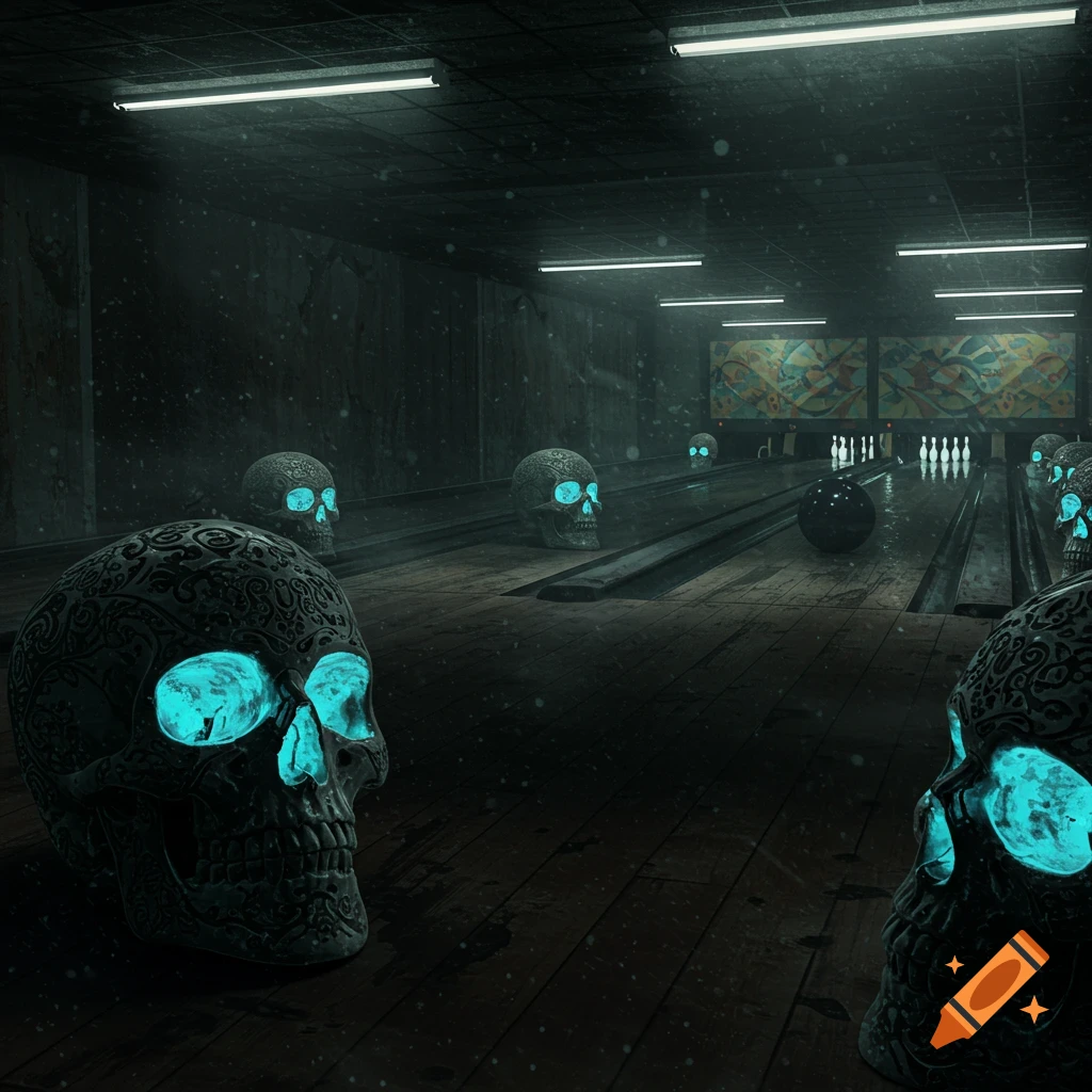 Dark bowling alley with multiple decorative skulls with glowing blue eyes lining the lanes, a bowling ball, and pins.
