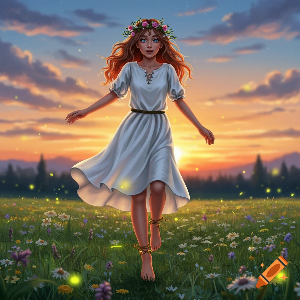 Illustrative young woman with floral crown, long hair, white dress, and ankle bells, walking barefoot in a vibrant wildflower meadow at sunset with glowing fireflies.