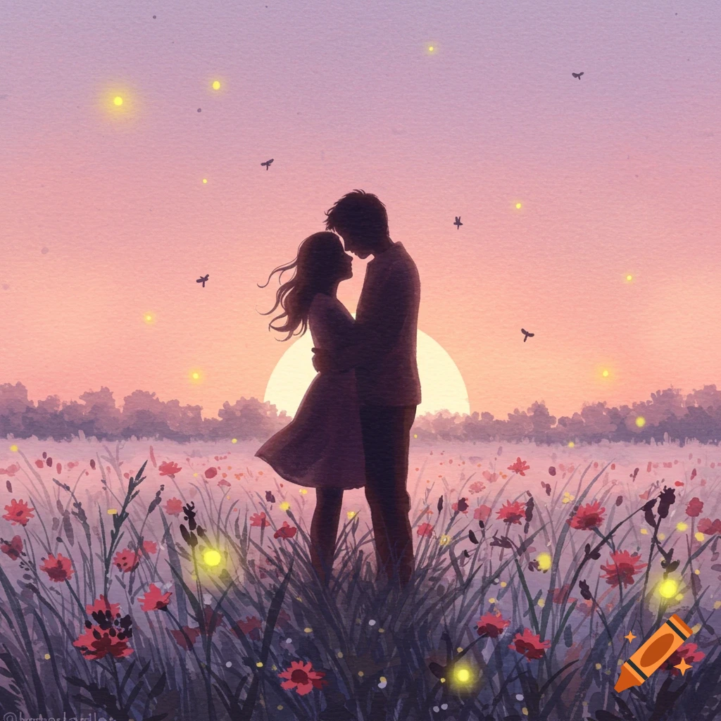 Watercolor illustration of a couple embracing in a field of wildflowers at sunset with fireflies.