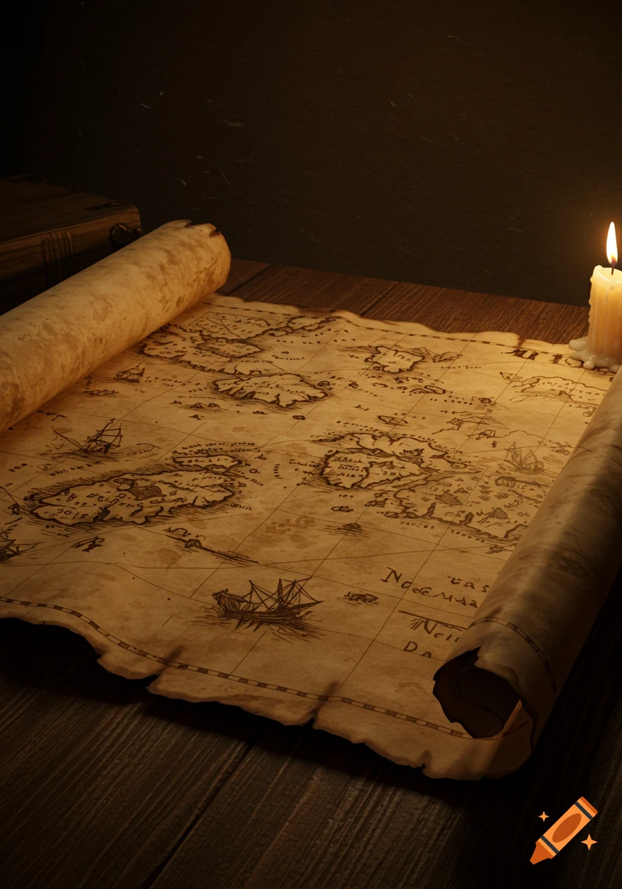 An ancient, unrolled parchment map with islands, ships, and illegible text, illuminated by a flickering candle on a wooden table.