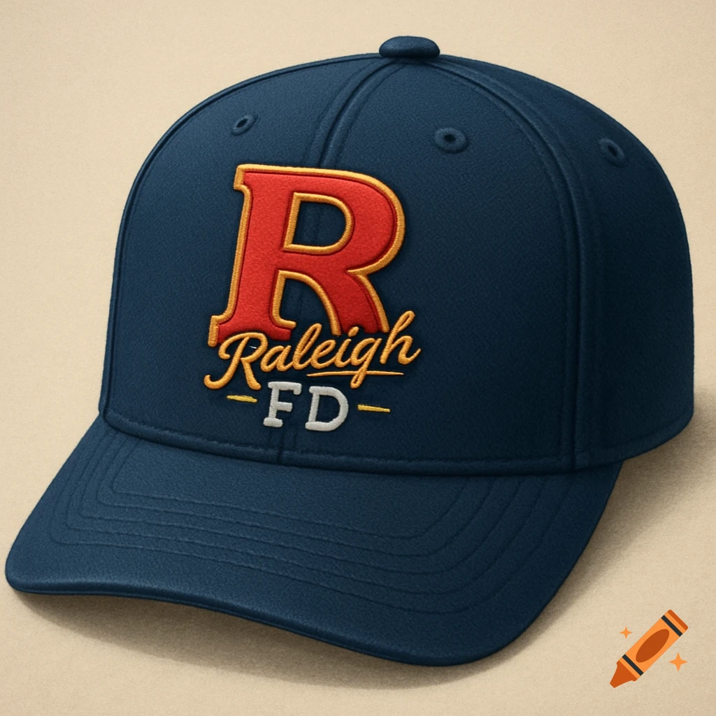 A dark blue baseball cap with an embroidered design featuring a large red 'R' with gold trim, 'Raleigh' in gold script, and 'FD' in white.
