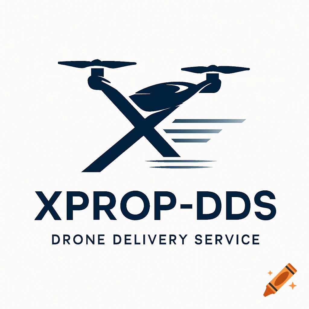 A blue logo with a drone forming an 'X' and speed lines, with the text 'XPROP-DDS DRONE DELIVERY SERVICE' below it.