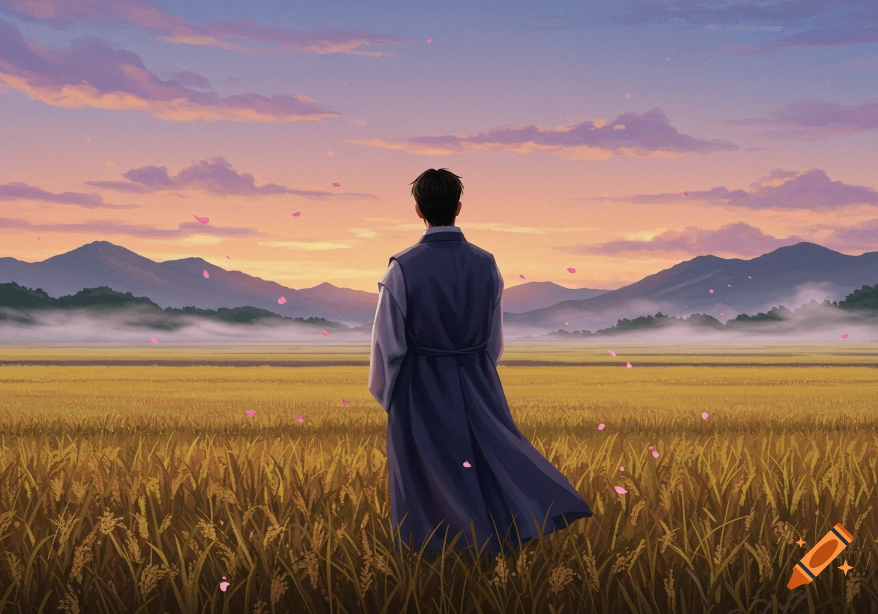 A person in traditional blue attire stands in a golden field with mountains at sunset, pink petals falling, anime style.