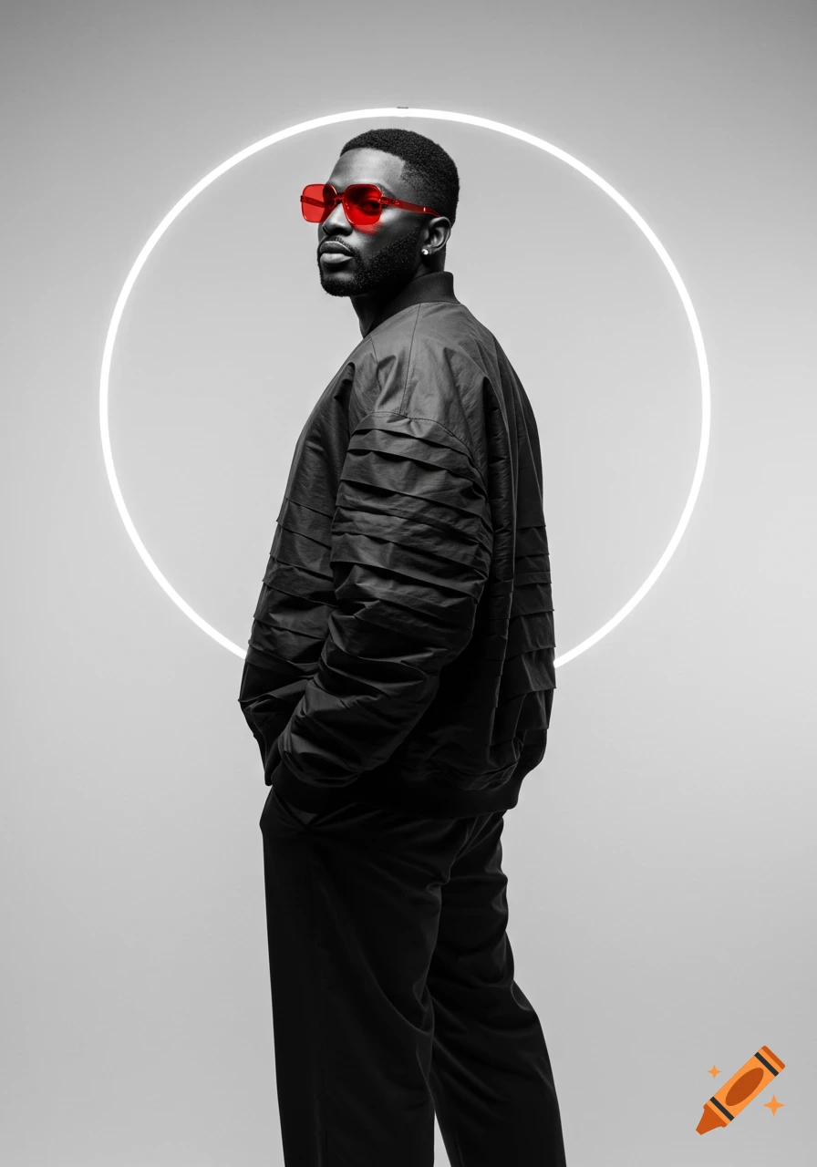 Black and white futuristic fashion portrait of a man in a bomber jacket and red sunglasses, with a glowing circle.