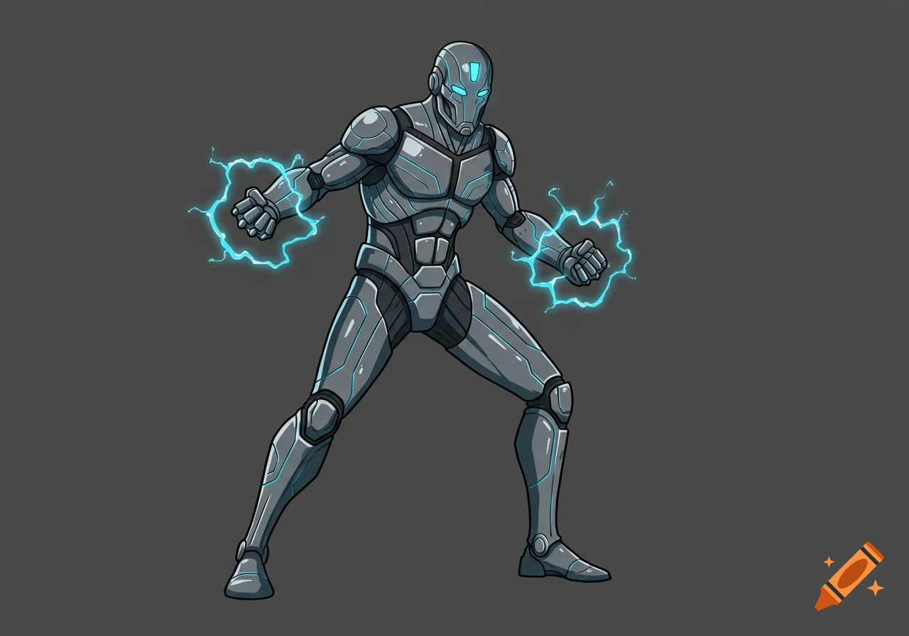 A gray armored robot with glowing blue eyes and electric energy crackling around its fists, in a comic book illustration style.