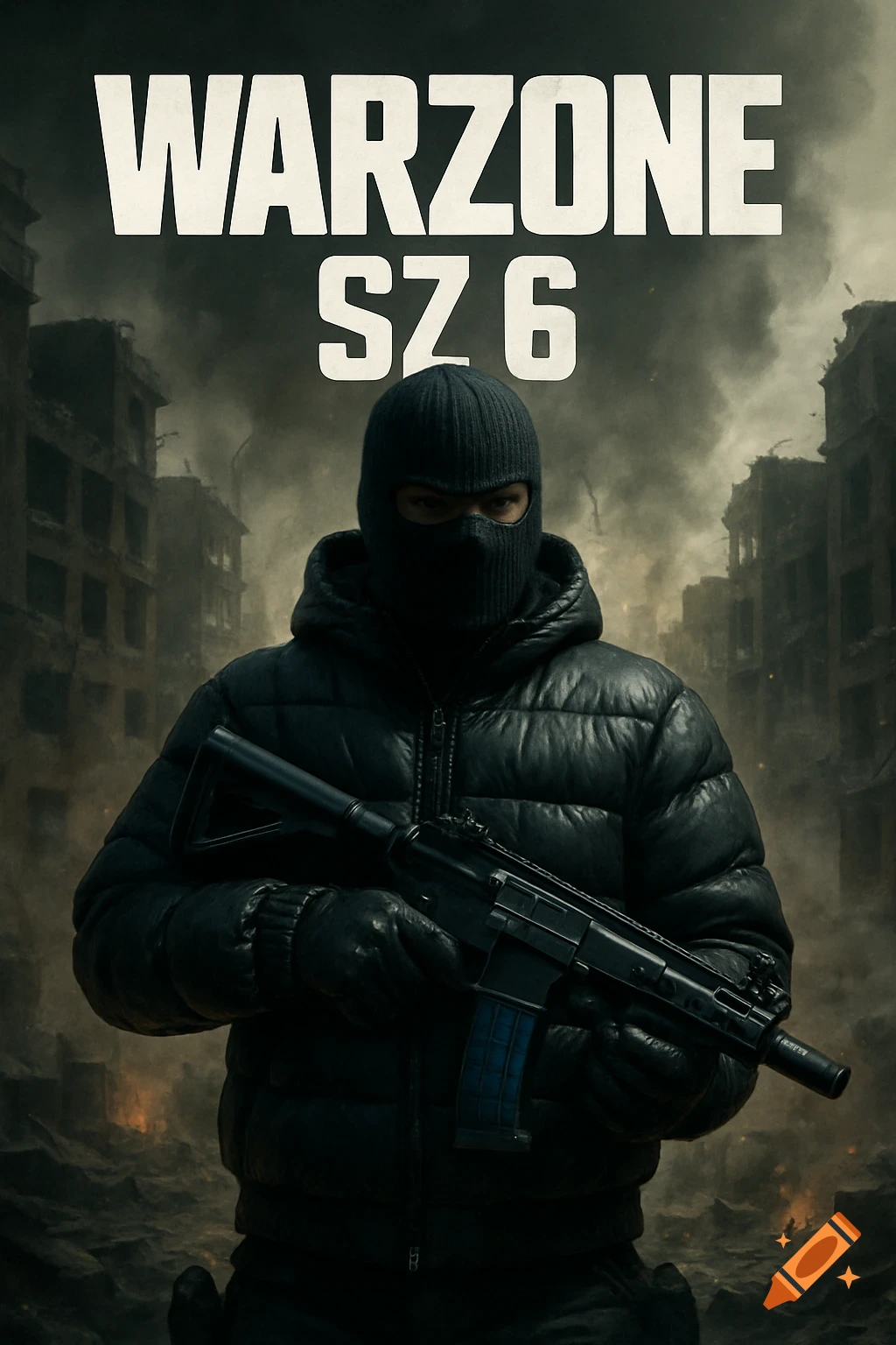 A masked operator in a black puffer jacket holding a rifle in a destroyed, smoky city, with 'WARZONE SZ 6' text at the top, in a cinematic game poster style.