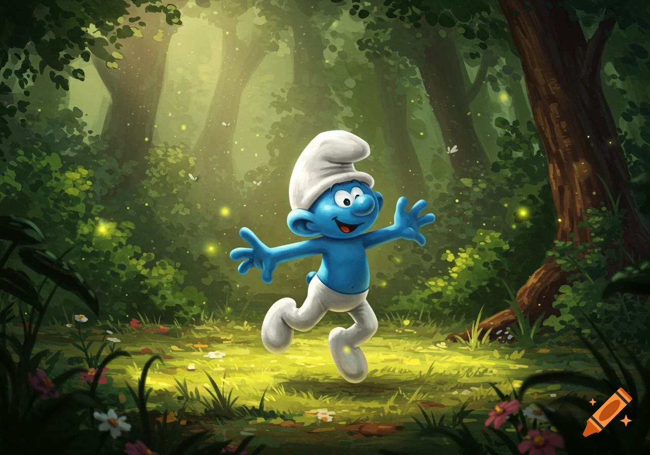 A cheerful blue Smurf in a white hat runs with arms outstretched through a magical, sunlit forest with glowing fireflies.