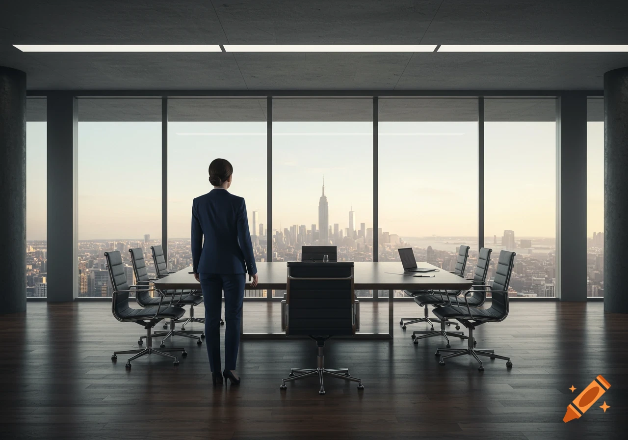 A woman in a business suit stands in a modern corporate office, looking out a large window at a city skyline at sunset.
