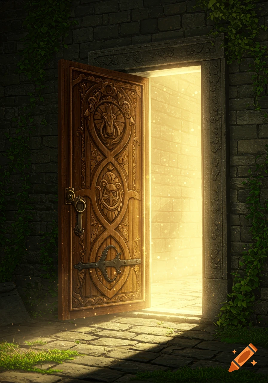 An ornate wooden door with intricate carvings stands ajar in a stone wall with ivy, revealing a glowing golden light from within.