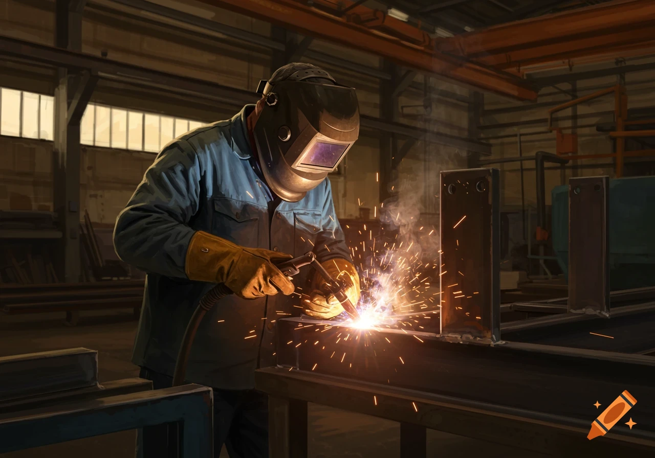 A welder in a helmet and gloves welds metal with bright sparks in a detailed factory setting.
