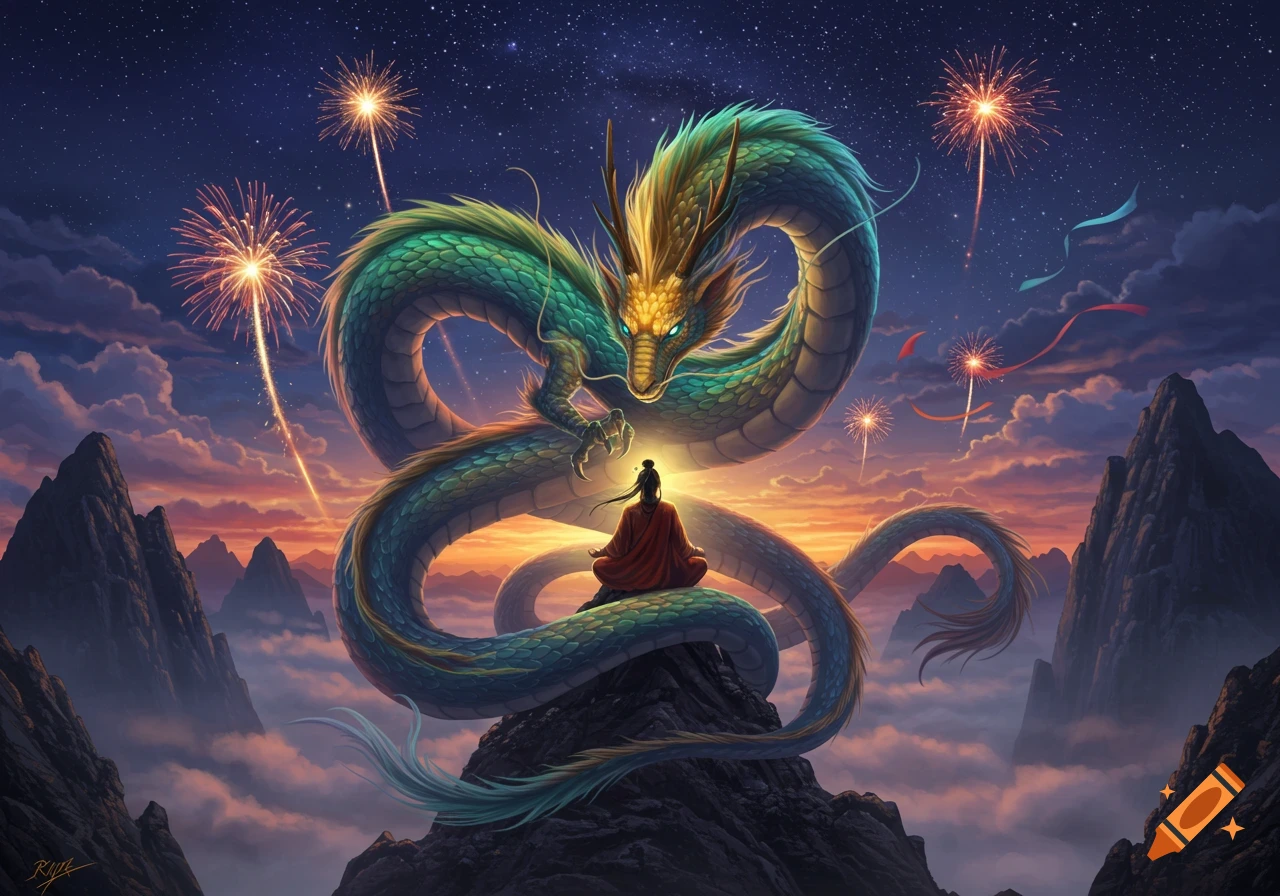 A person meditates on a mountain peak, facing a colossal green and gold dragon, with fireworks lighting up the starry, sunset sky.