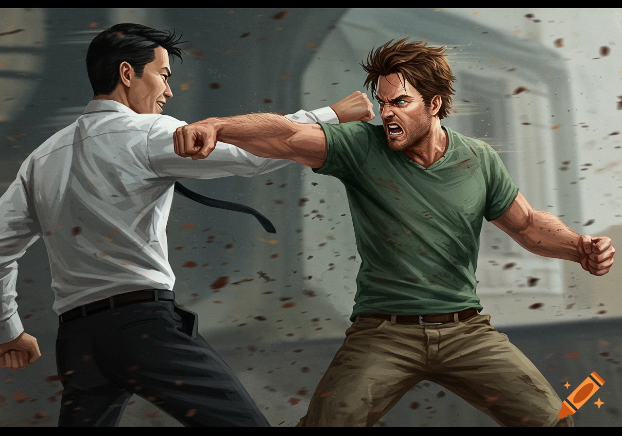 Dynamic illustration of an angry man in a green t-shirt punching a smiling man in a white dress shirt during a fight.