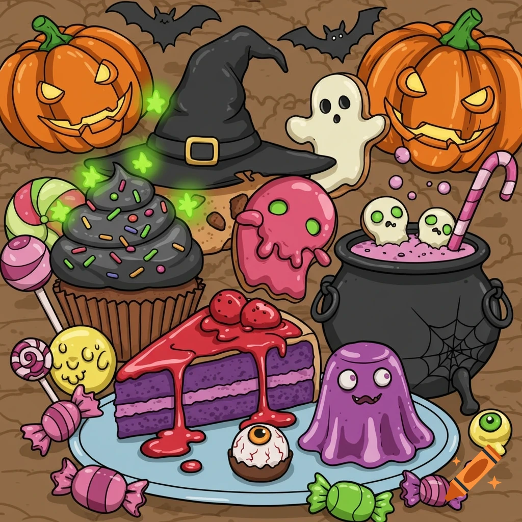 Cartoon illustration of Halloween desserts: jack-o'-lanterns, ghosts, a witch hat, a cupcake, cake, candies, a cauldron, and an eyeball dessert on a plate.
