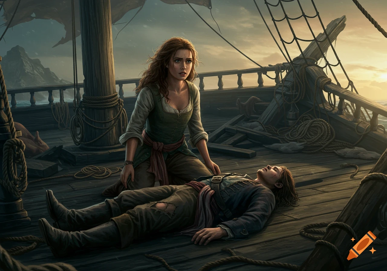 A woman kneels beside an unconscious man on the deck of a wrecked pirate ship, against a dramatic sunset sky, digital painting.