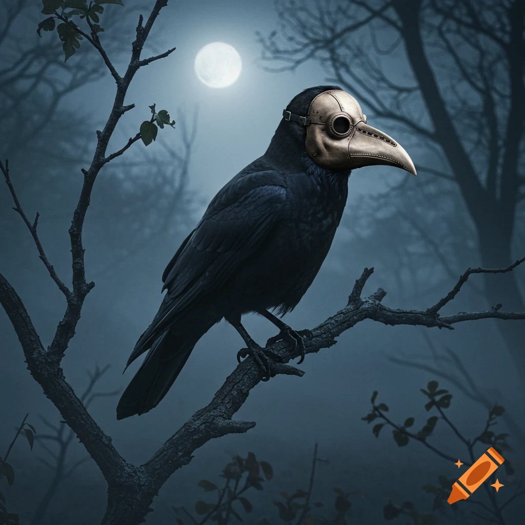 A black crow wearing a golden plague doctor mask perches on a gnarled tree branch in a dark, misty forest under a full moon.