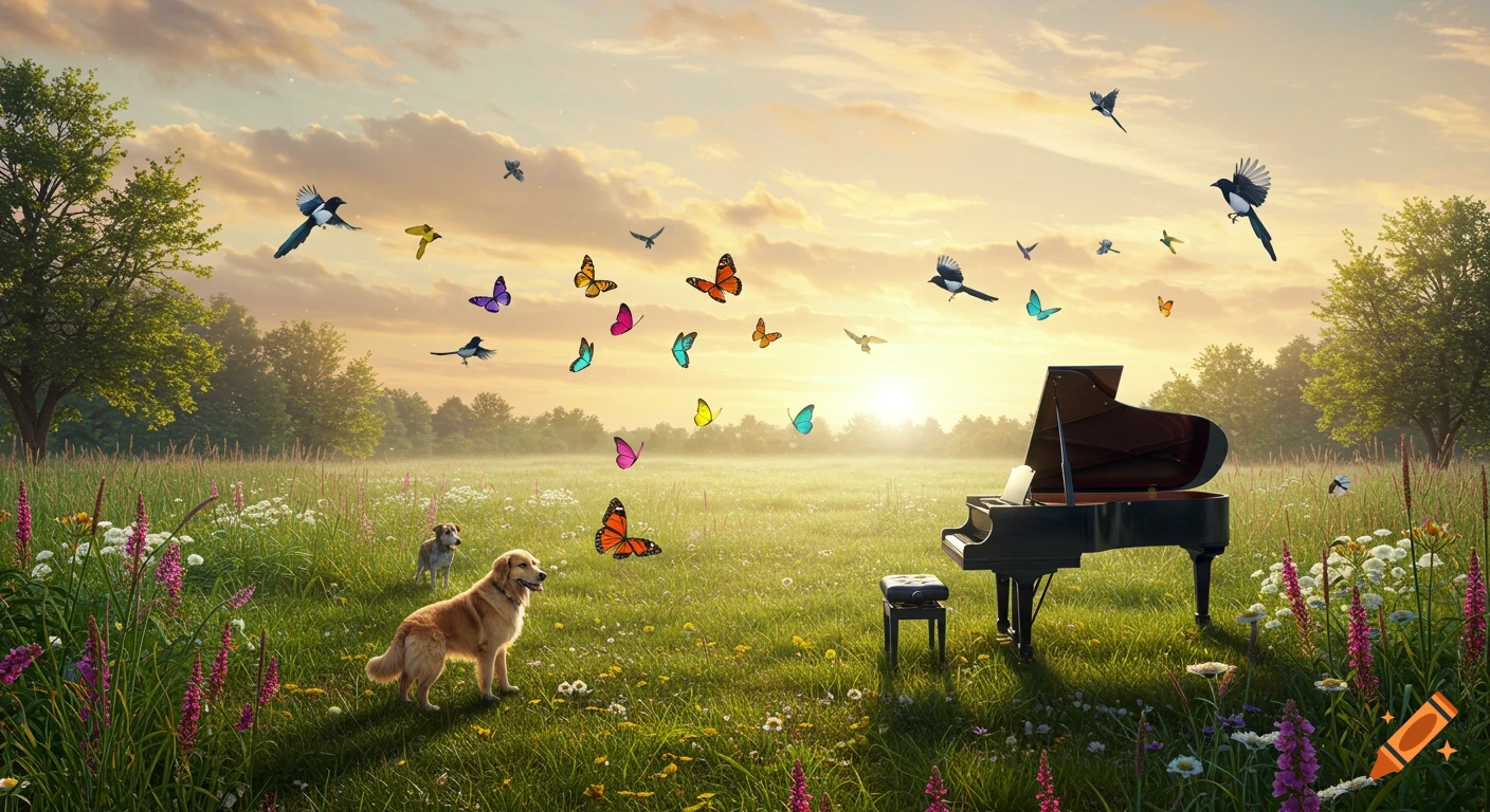 A golden retriever and another dog in a vibrant, flowery meadow at sunset with a grand piano, colorful butterflies, and magpies flying. Photorealistic.