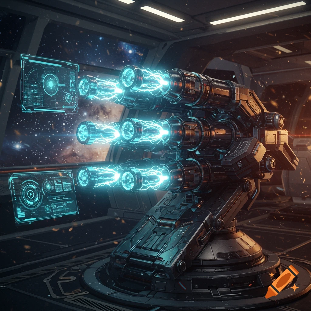 A futuristic multi-barrel energy cannon glows with blue energy, set within a spaceship bridge overlooking a starry galaxy.