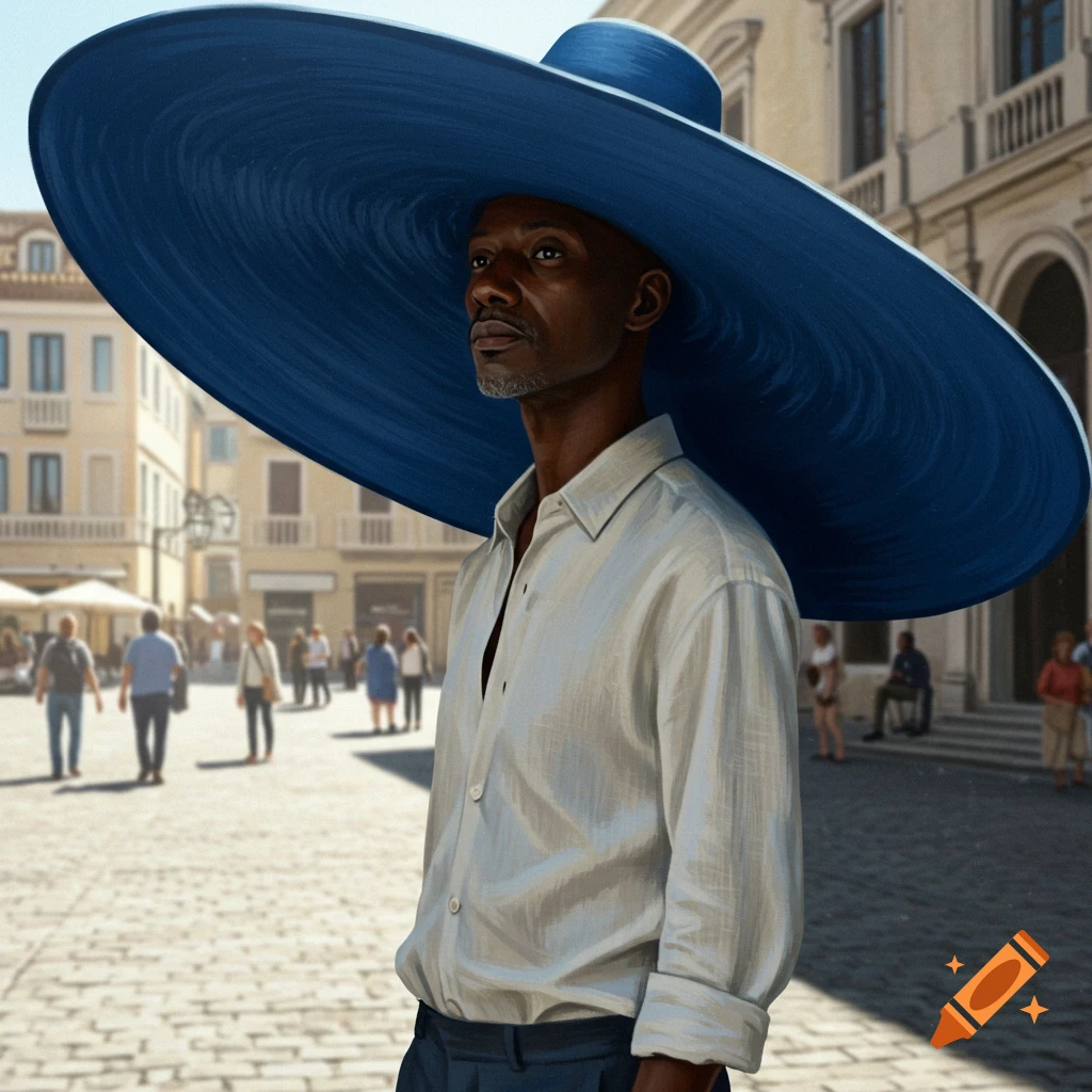 A man in a large blue sun hat and white shirt stands in a sunny European plaza with blurred people in the background.