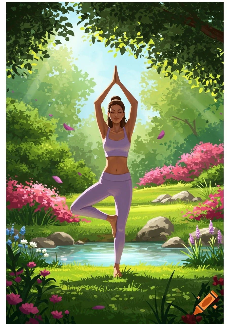 A woman in purple activewear performs a tree yoga pose in a vibrant, lush forest with a stream, in an illustrative style.