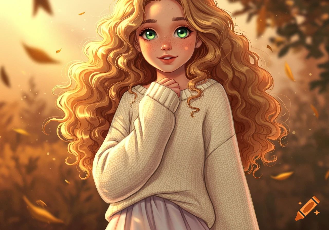 Anime girl with long blonde curly hair, green eyes, freckles, wearing a cream knit sweater. Warm autumn background with falling leaves.