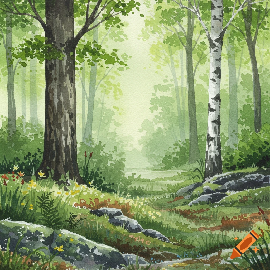 A vibrant watercolor painting of a sunlit forest with tall trees, lush green foliage, rocks, and wildflowers.