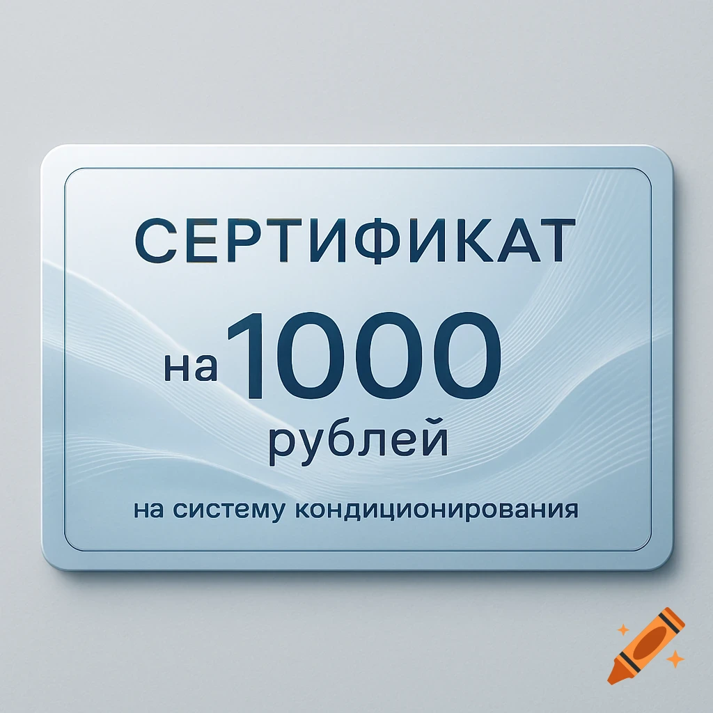 A blue and white gift certificate for 1000 rubles for an air conditioning system, featuring abstract wave patterns.
