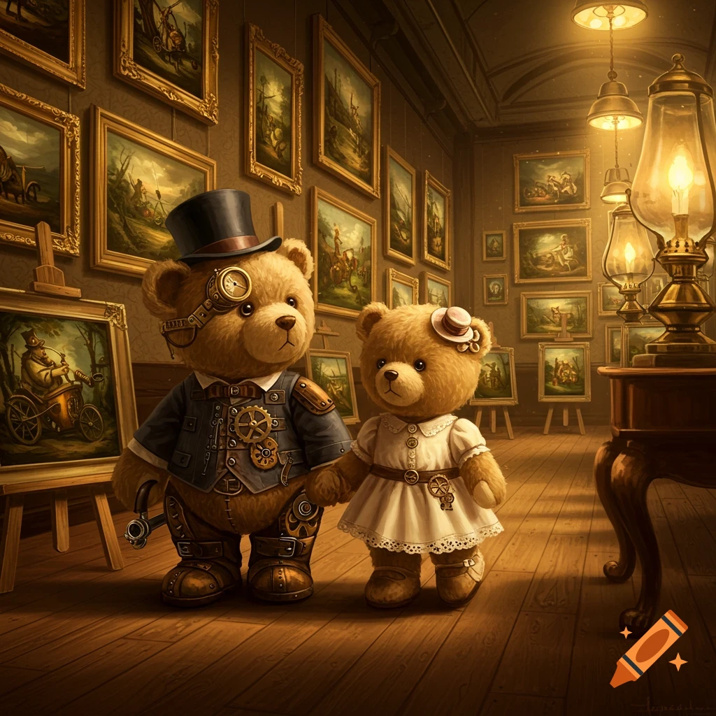 Two cute steampunk teddy bears, a male and female, holding hands in a detailed, warmly lit art gallery.