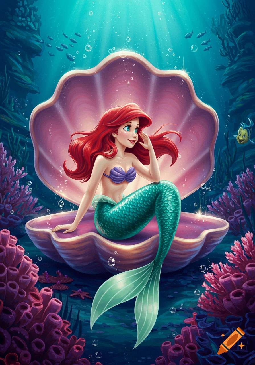 Ariel, the Little Mermaid, with red hair and a green tail, sits in a large pink clamshell underwater with coral and fish.