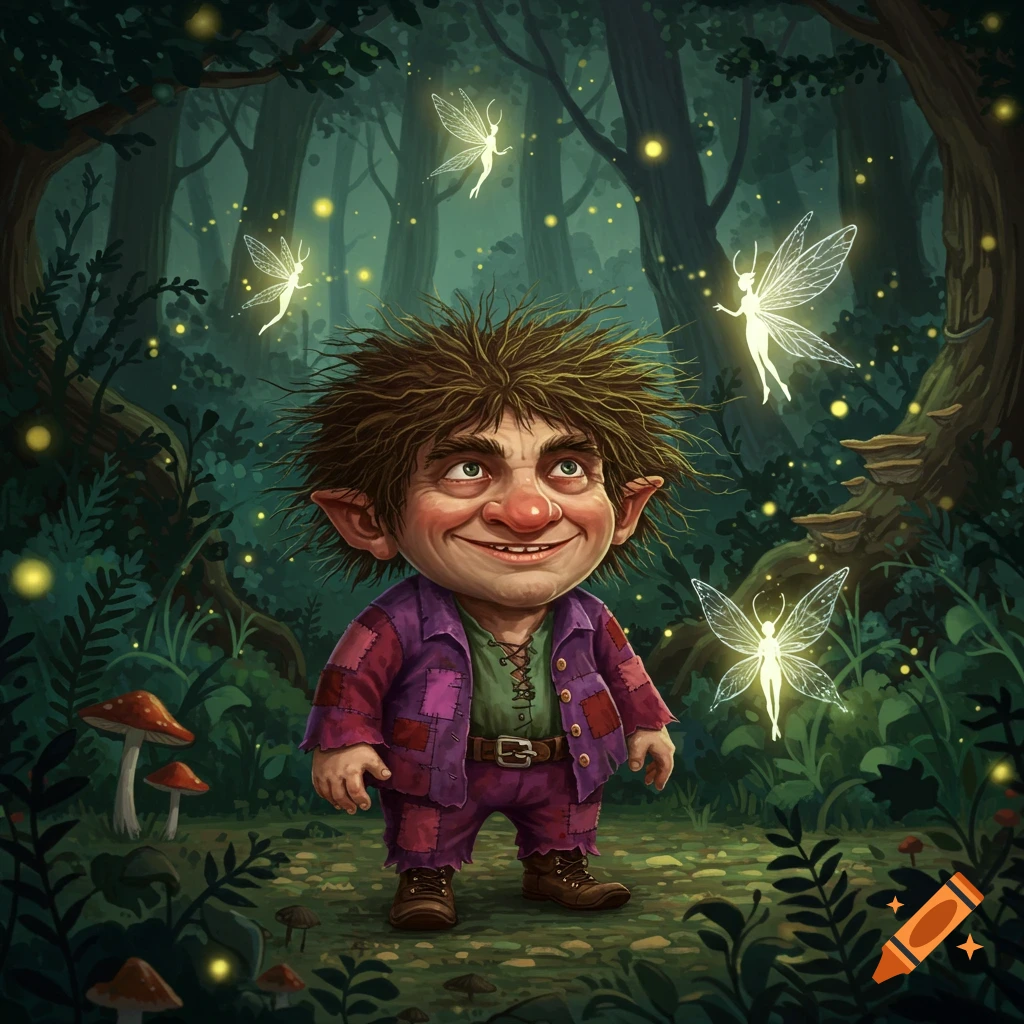 A whimsical, shaggy-haired goblin-like man smiles in a magical forest with glowing fairies and mushrooms.