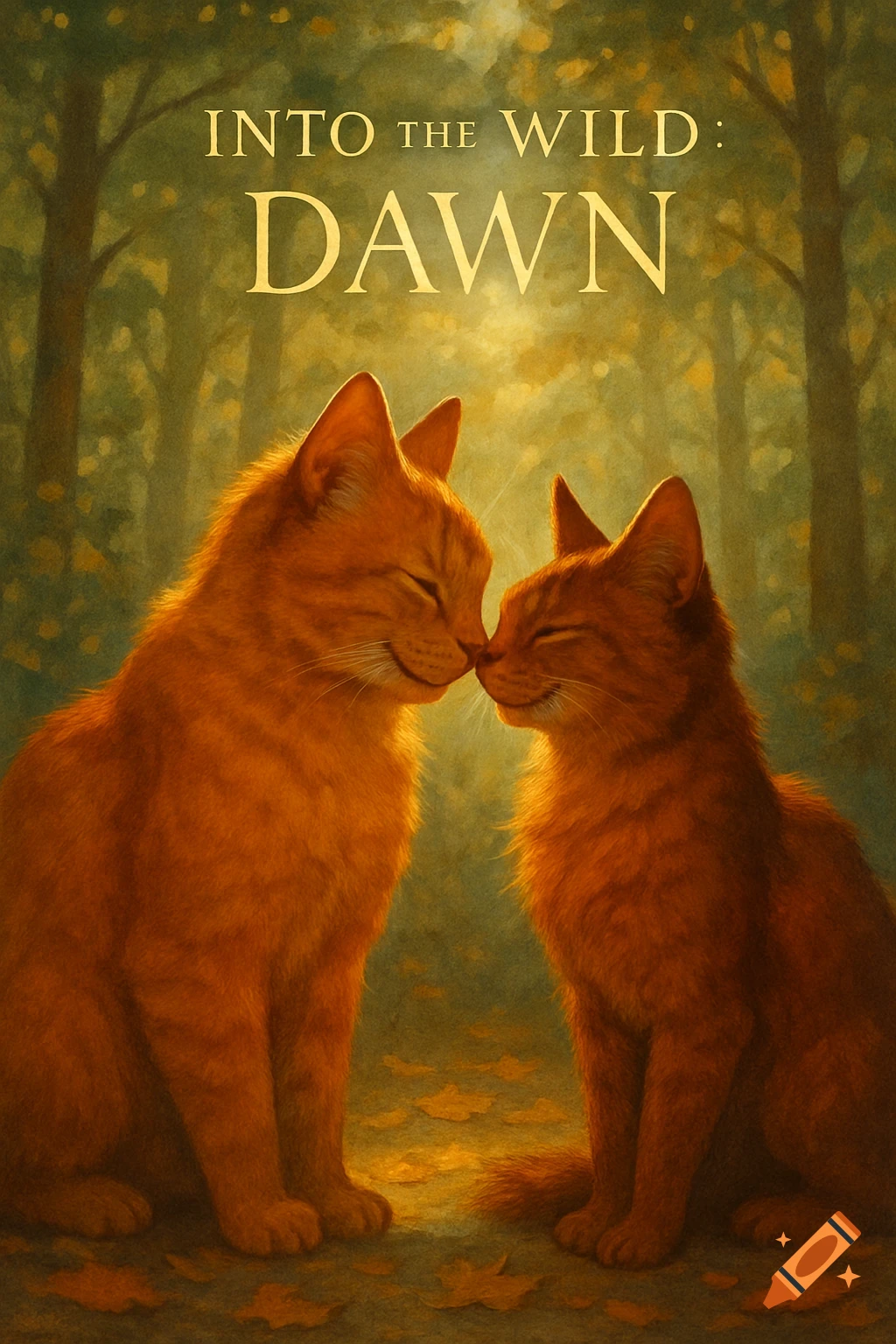 Two orange cats with closed eyes nuzzle in a dappled forest with the text 'INTO THE WILD: DAWN' above them, painterly style.