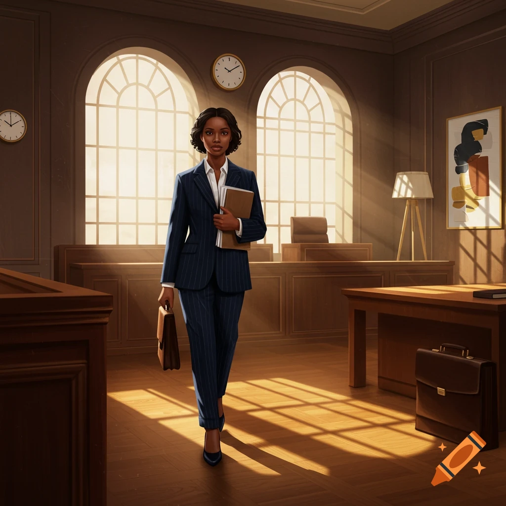 A Black woman lawyer in a pinstripe suit walks through a sunlit law office, holding documents and a briefcase.
