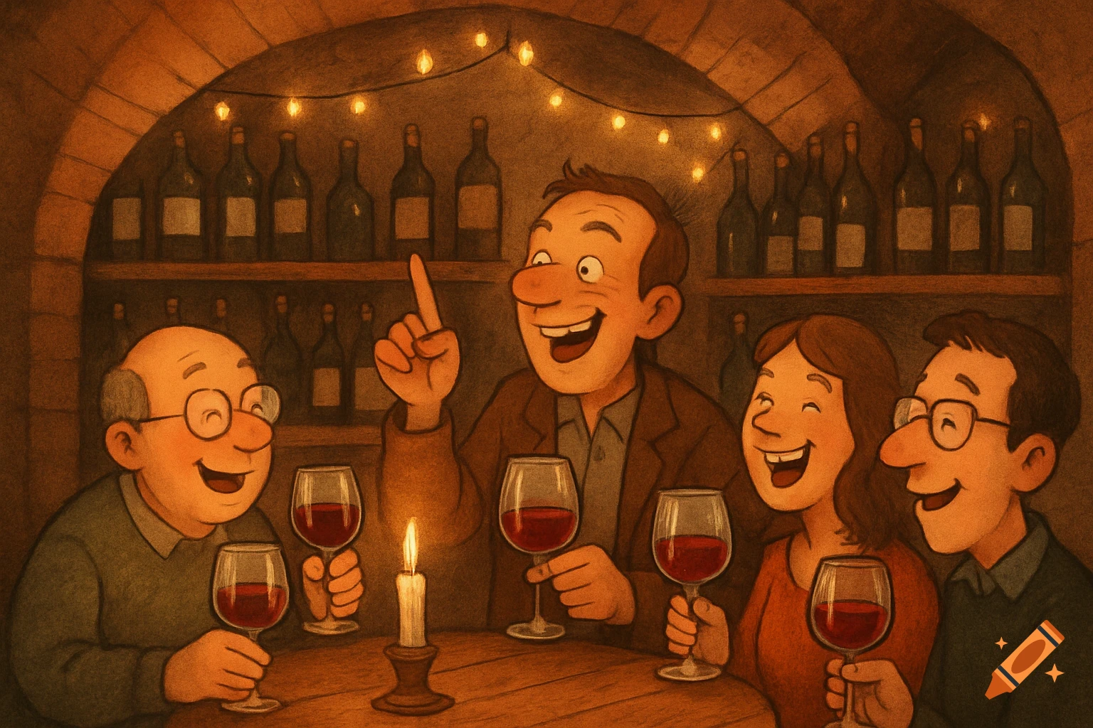 Cartoon illustration of four happy people socializing and drinking red wine in a cozy, dimly lit wine cellar.