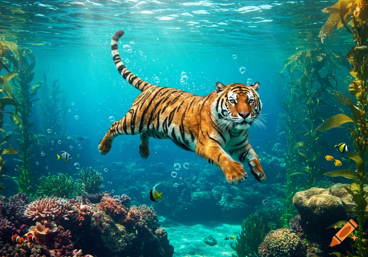 A photorealistic tiger swims gracefully underwater amidst coral reefs and kelp, with small fish swimming nearby.