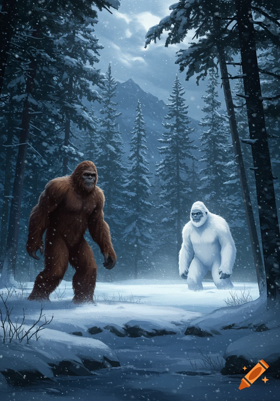 Brown Bigfoot and white Yeti stand in a snowy winter forest with mountains, falling snow. Illustration.