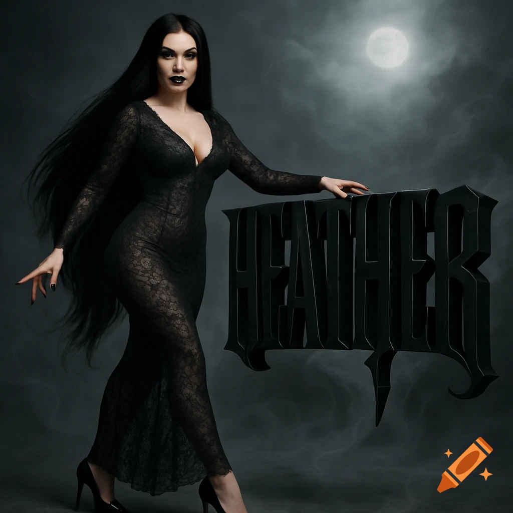 A gothic woman with long black hair and a sheer lace gown leans on large 3D gothic text 'HEATHER' under a full moon in a photorealistic style.