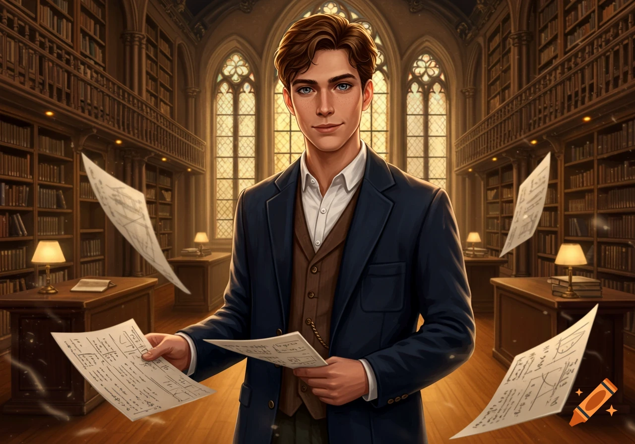 A handsome student in a suit and vest stands in a grand library, holding and surrounded by floating papers.