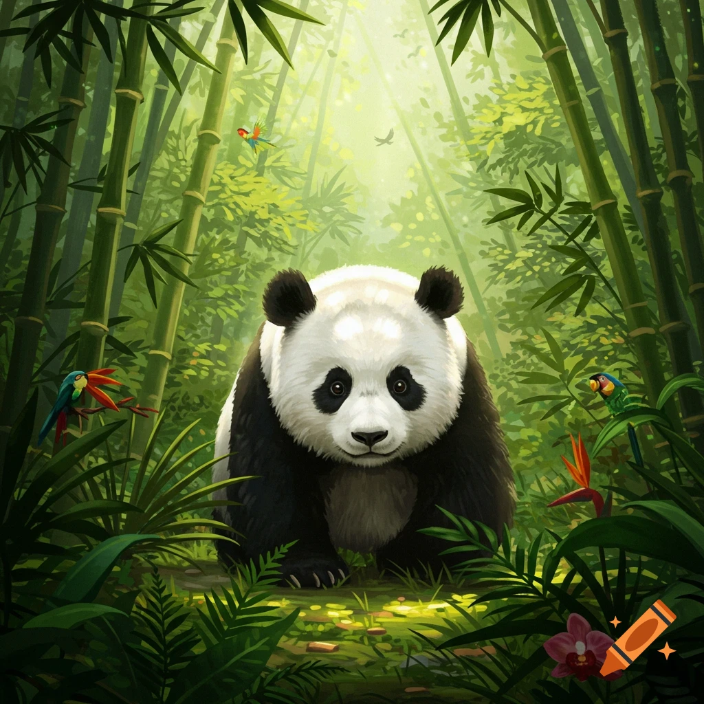 A cute panda stands in a vibrant, sunlit bamboo forest with colorful birds and lush greenery in an illustration style.