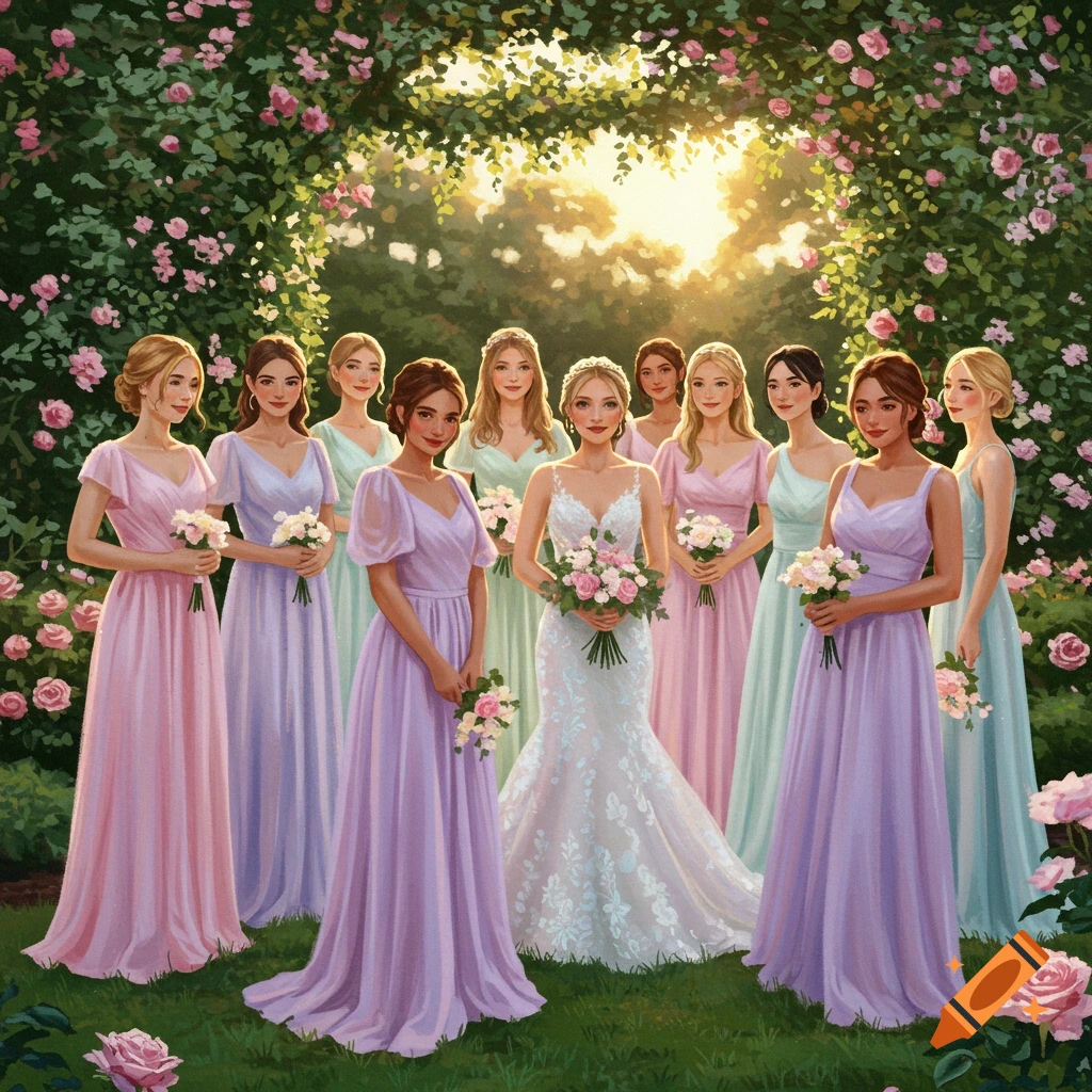 An illustration of a bride and her bridesmaids in pastel gowns standing in a rose garden archway, bathed in sunlight.