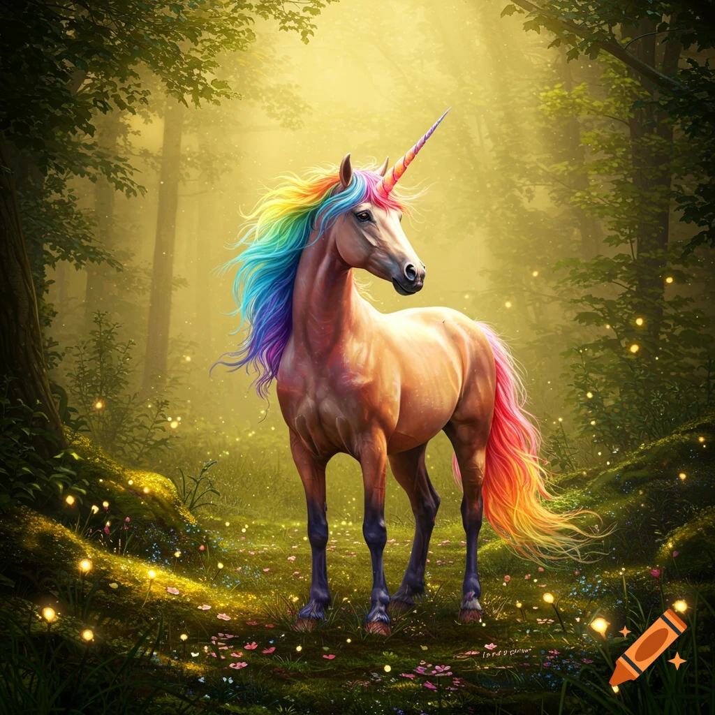 A majestic unicorn with a rainbow mane and tail stands in a glowing, mystical forest.