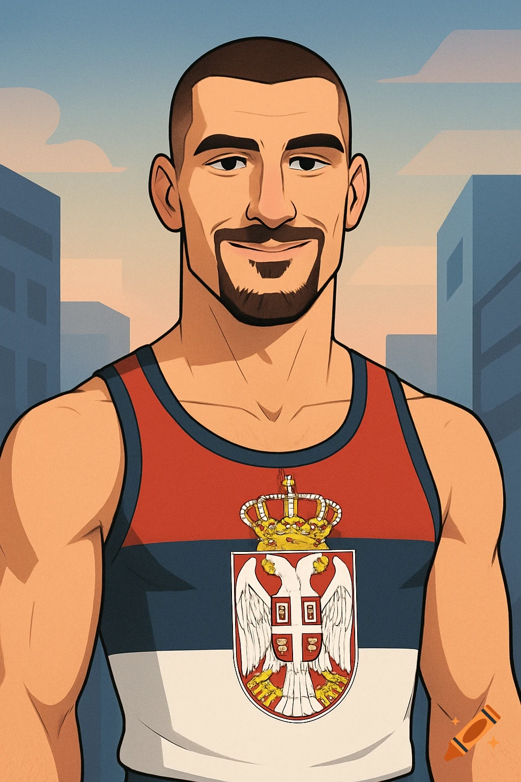 Cartoon portrait of a man with a buzzcut and goatee wearing a tank top with the Serbian coat of arms.