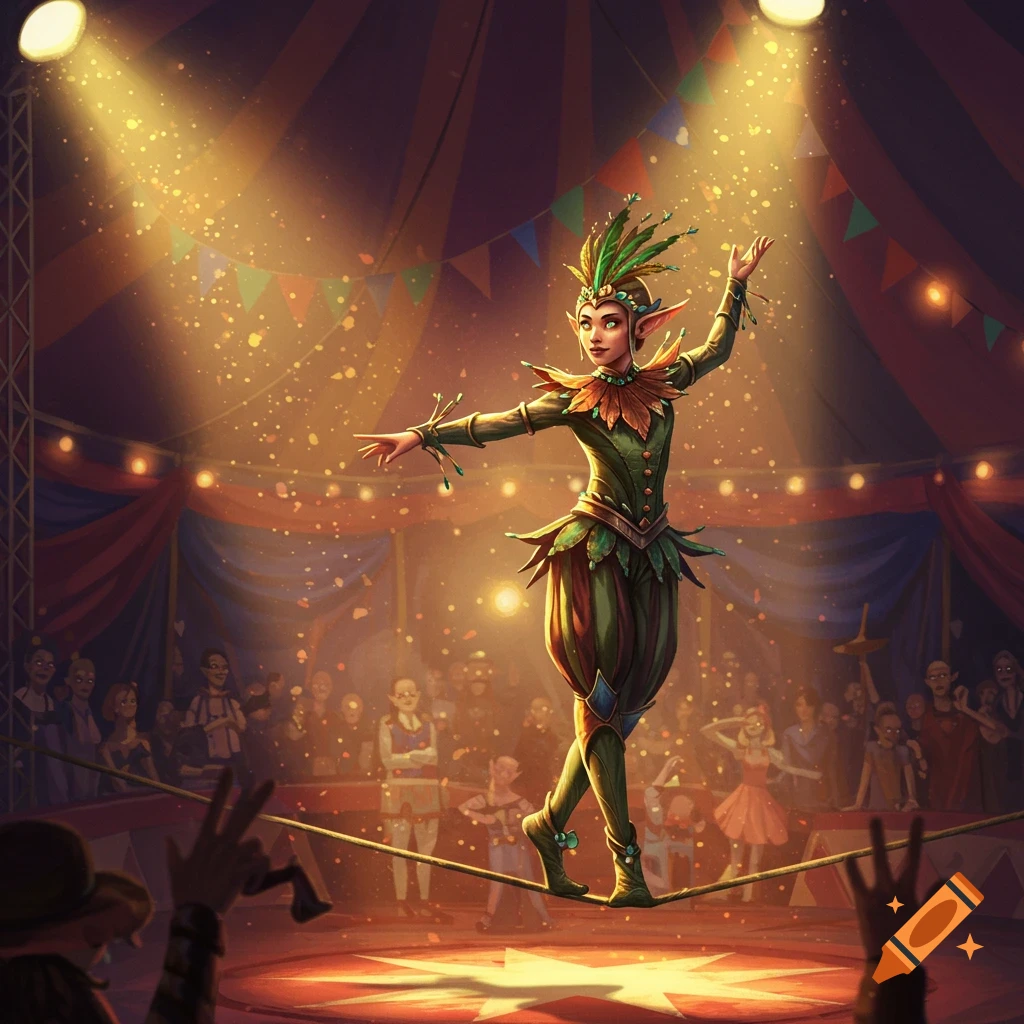 An elf in a festive green and brown costume balances on a tightrope in a vibrant circus tent, illuminated by spotlights and confetti.