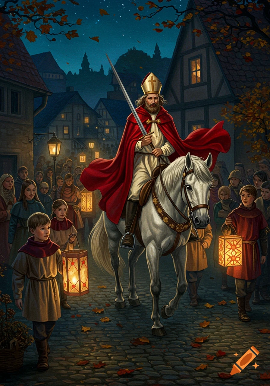 St. Martin on a white horse with a red cape and sword leads a lantern parade through a medieval village at night, digital painting.