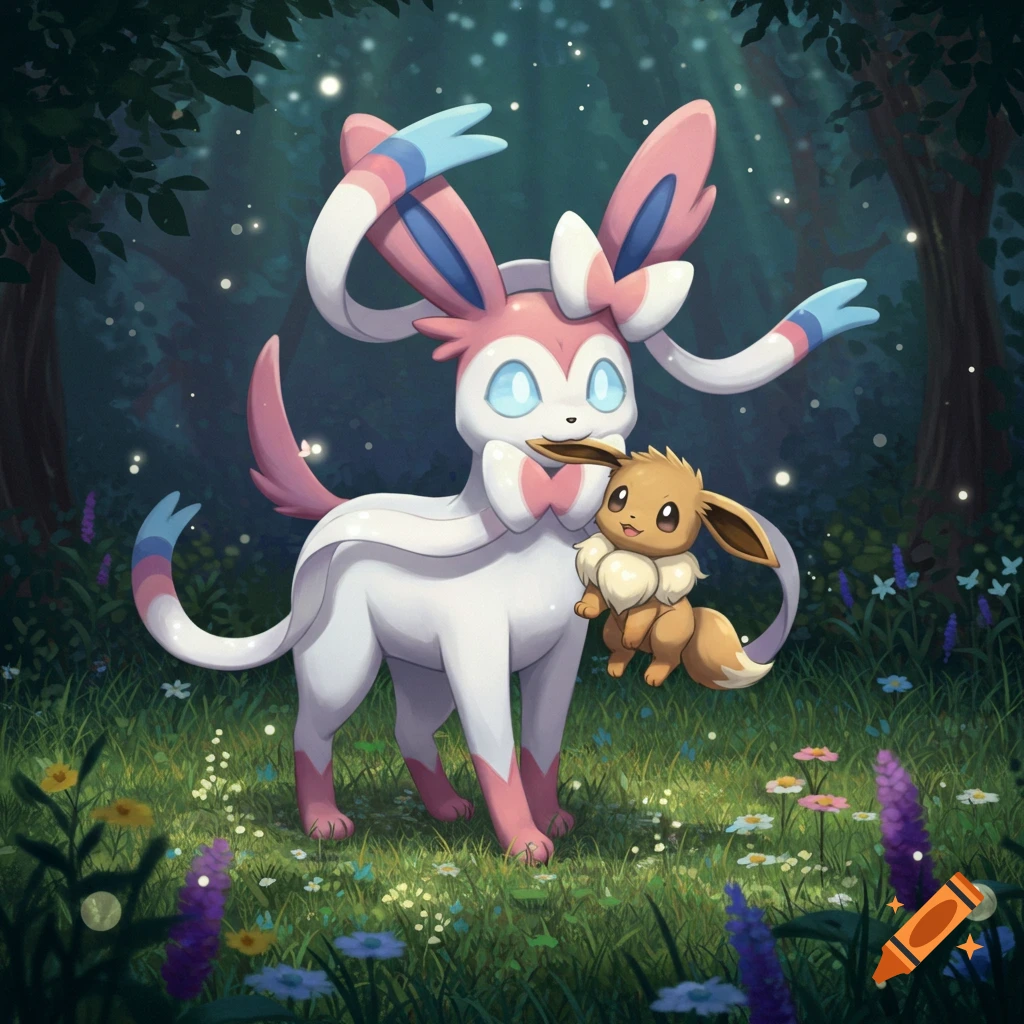 A pink and white Sylveon holding a small brown Eevee in its mouth, standing in a magical forest with glowing fireflies and purple flowers.