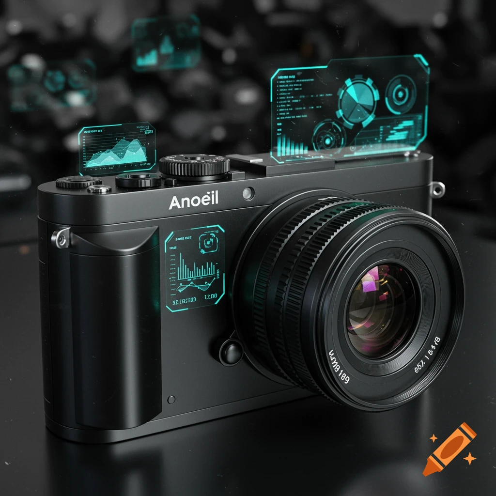 A sleek, black, futuristic camera with glowing teal holographic displays showing graphs and data, with the brand "Anoeil" on the body. Photorealistic style.