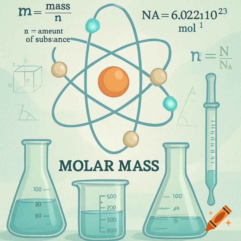 An illustration with a central atomic model surrounded by chemical formulas for molar mass and Avogadro's constant, flanked by laboratory glassware containing blue liquid, including two flasks, a beaker, and a dropper. The title 'MOLAR MASS' is at the bottom center.